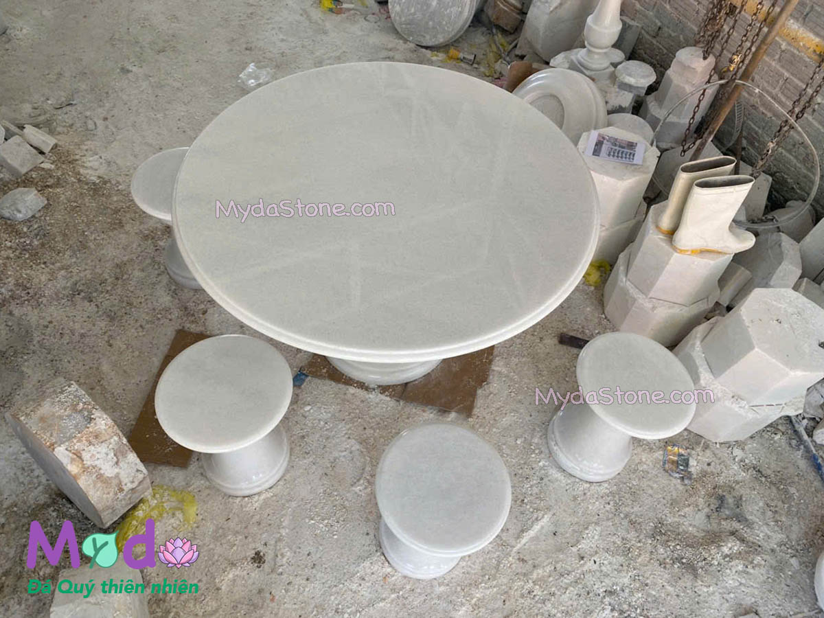 Bộ Bàn Ghế tròn đá Cẩm Thạch Trắng