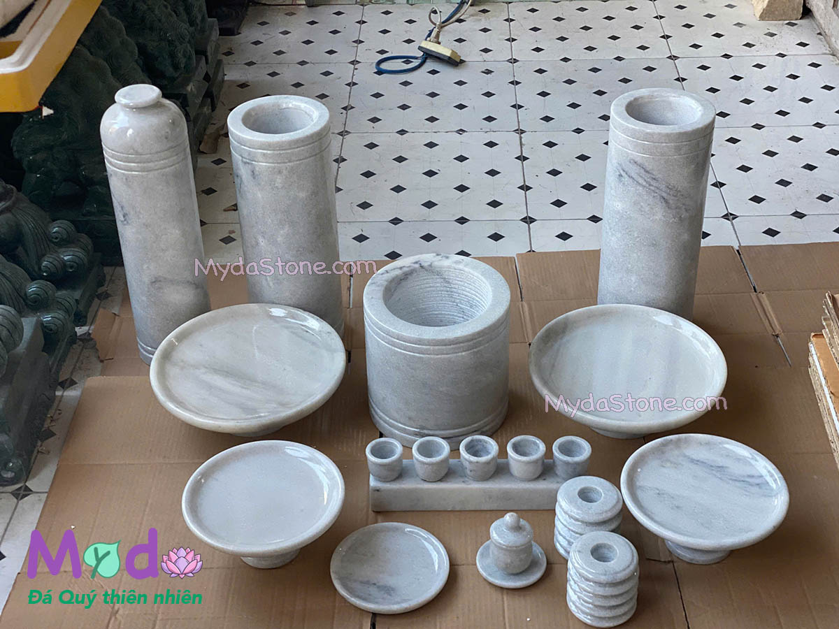 Bộ Đồ Thờ đá Cẩm Thạch Trắng Xám