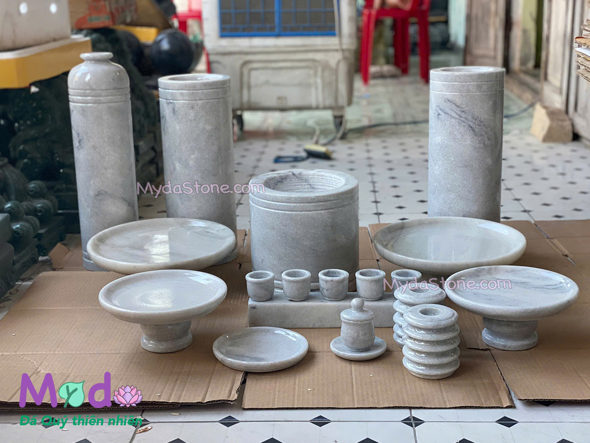 Bộ Đồ Thờ đá Cẩm Thạch Trắng Xám