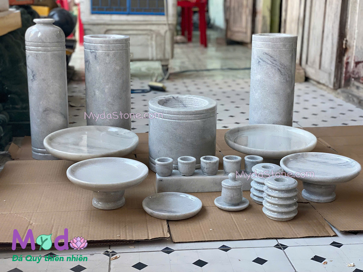 Bộ Đồ Thờ đá Cẩm Thạch Trắng Xám