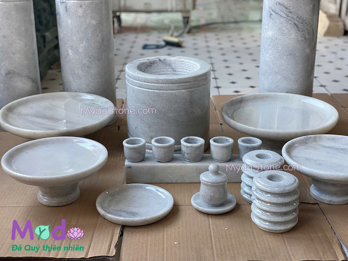 Bộ Đồ Thờ đá Cẩm Thạch Trắng Xám
