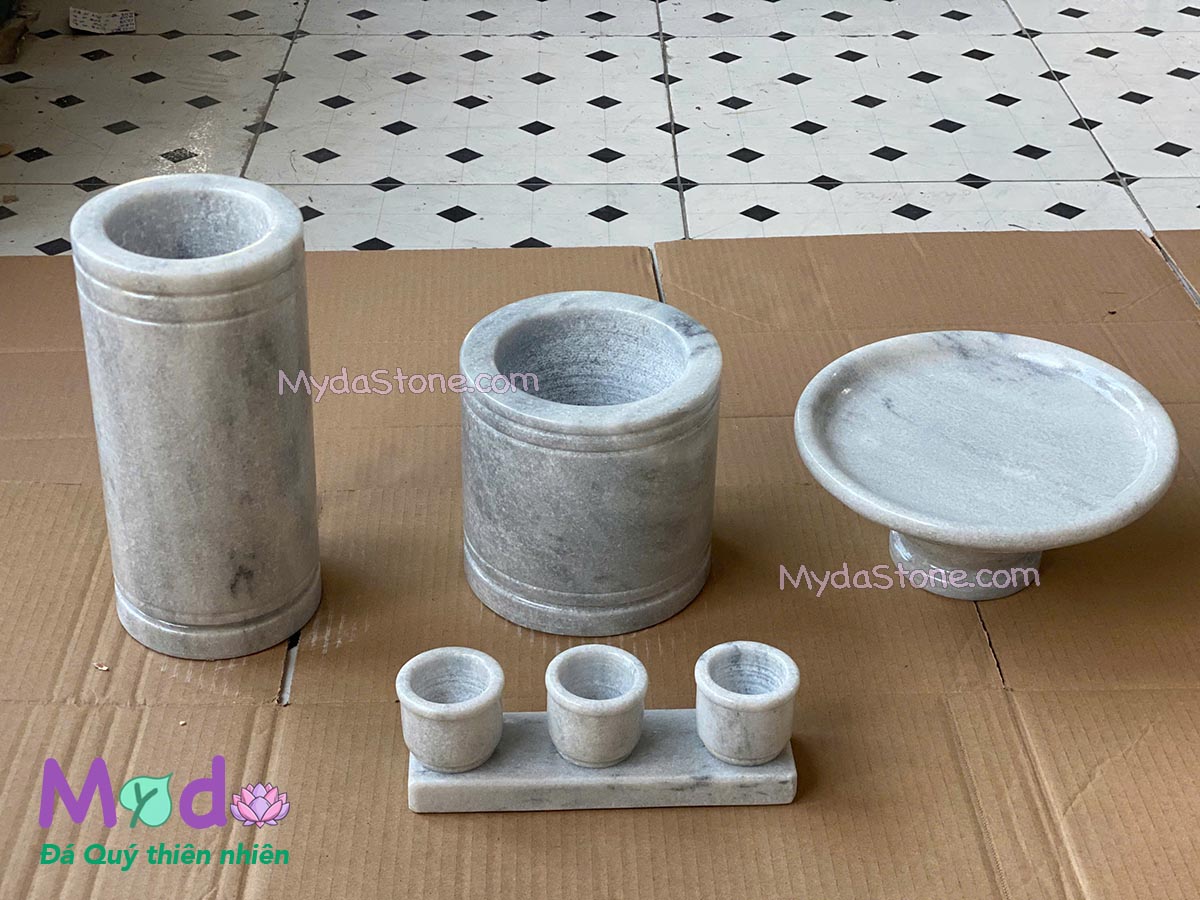 Bộ Đồ Thờ Cúng đá Cẩm Thạch Trắng Xám