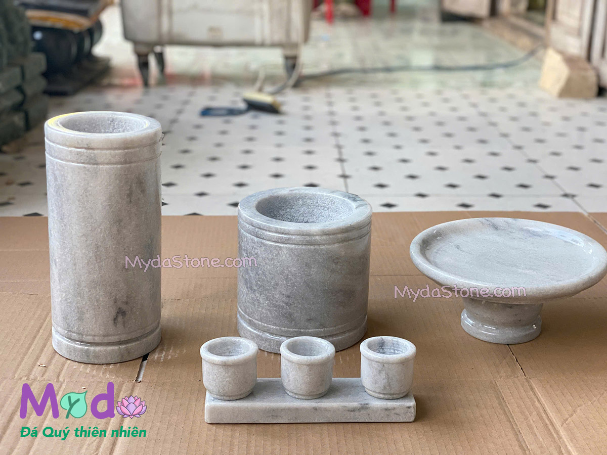 Bộ Đồ Thờ Cúng đá Cẩm Thạch Trắng Xám