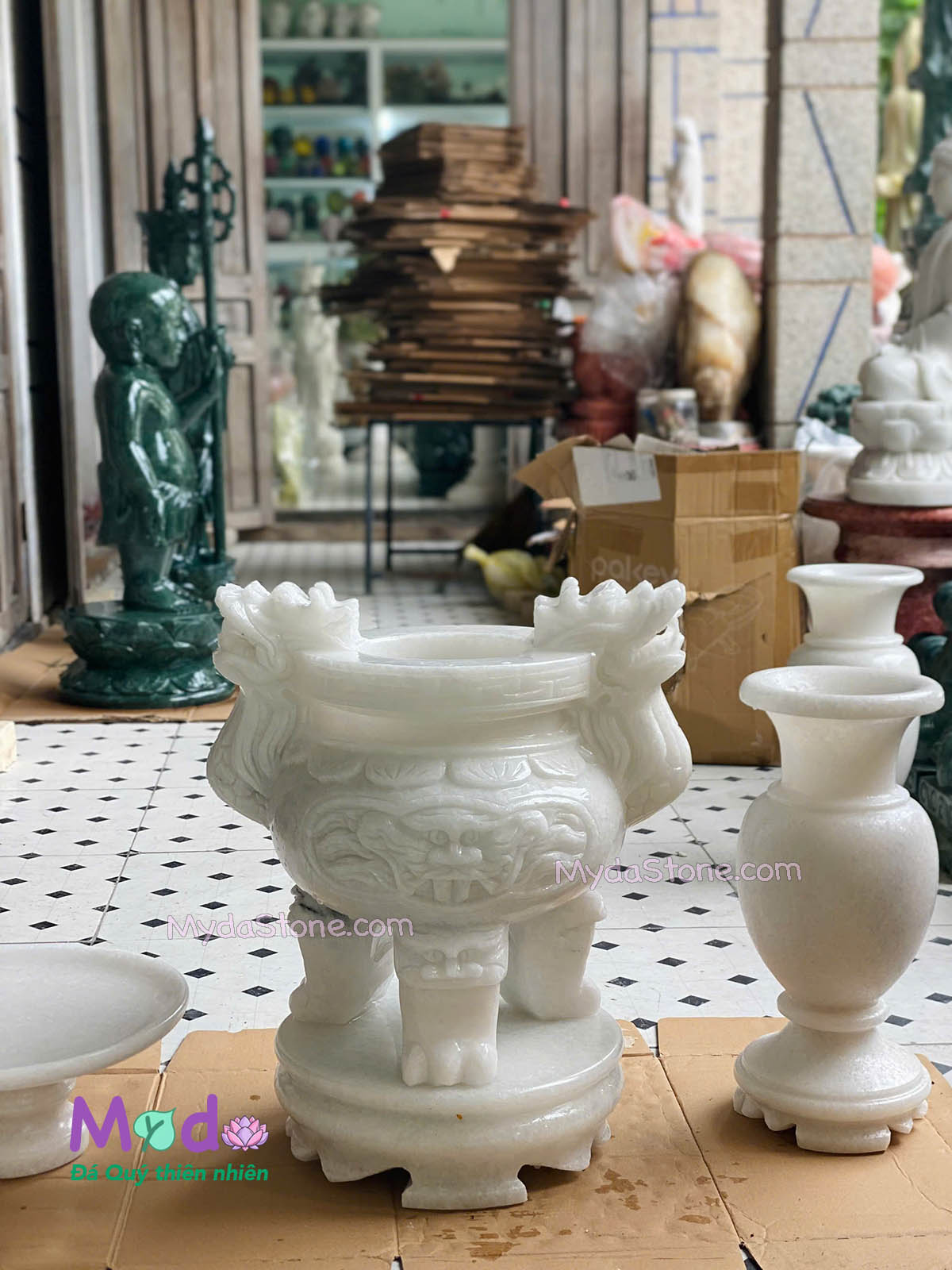 Bộ đồ thờ đá Cẩm Thạch Trắng