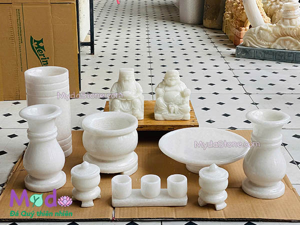 Bộ Đồ Thờ Thần Tài Ông Địa đá Cẩm Thạch Trắng