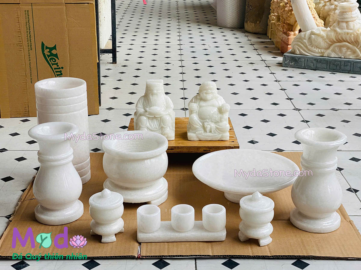 Bộ Đồ Thờ Thần Tài Ông Địa đá Cẩm Thạch Trắng