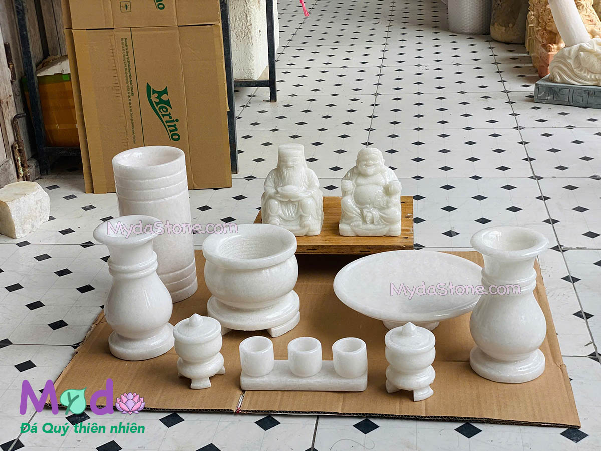 Bộ Đồ Thờ Thần Tài Ông Địa đá Cẩm Thạch Trắng