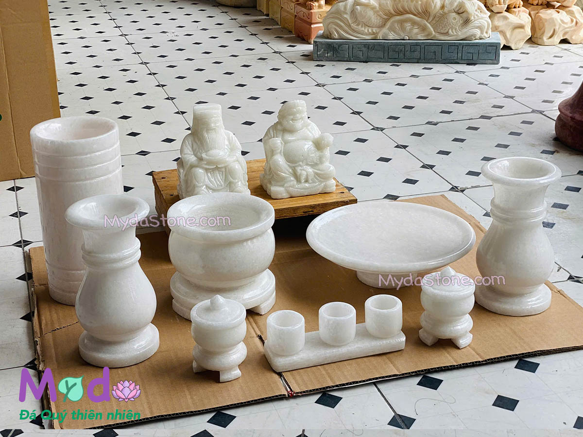 Bộ Đồ Thờ Thần Tài Ông Địa đá Cẩm Thạch Trắng