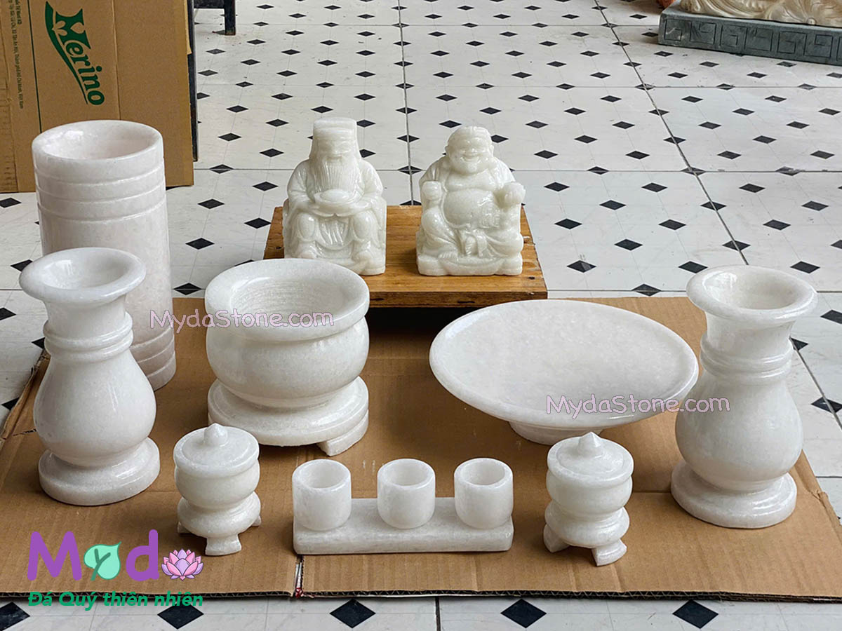 Bộ Đồ Thờ Thần Tài Ông Địa đá Cẩm Thạch Trắng