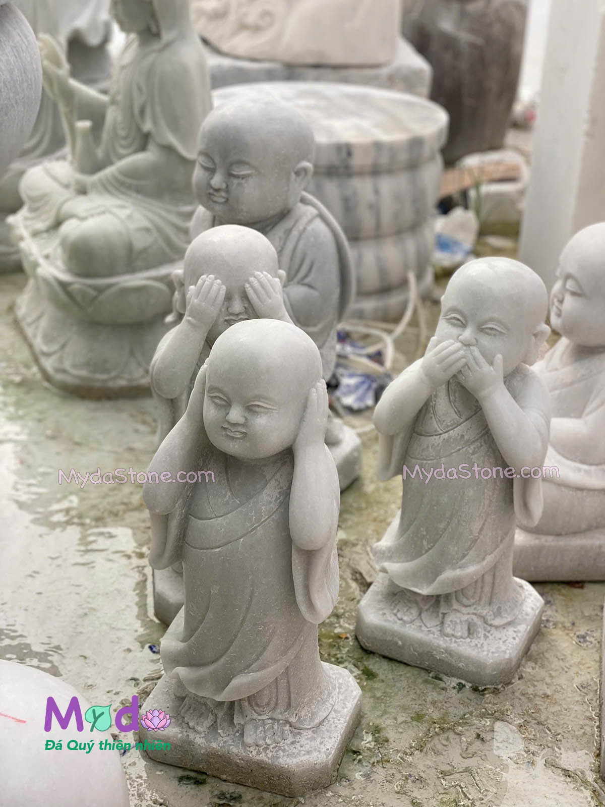 Bộ tượng Chú Tiểu Tứ Không đá Cẩm Thạch Trắng