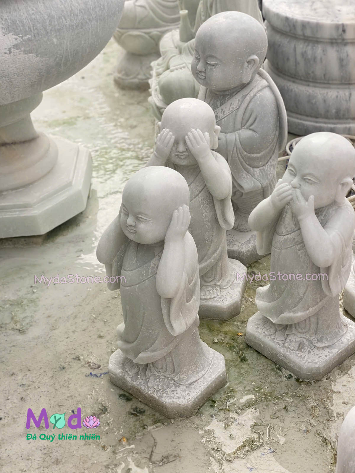 Bộ tượng Chú Tiểu Tứ Không đá Cẩm Thạch Trắng
