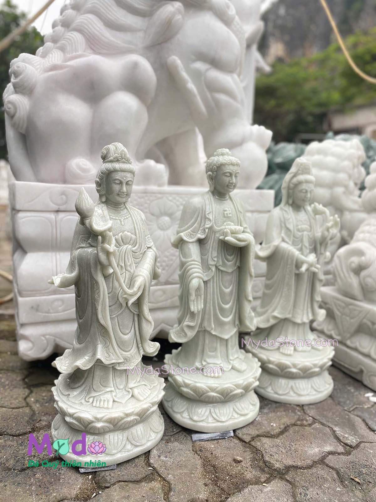 Bộ Tượng Tây Phương Tam Thánh đá Cẩm Thạch Trắng Xanh