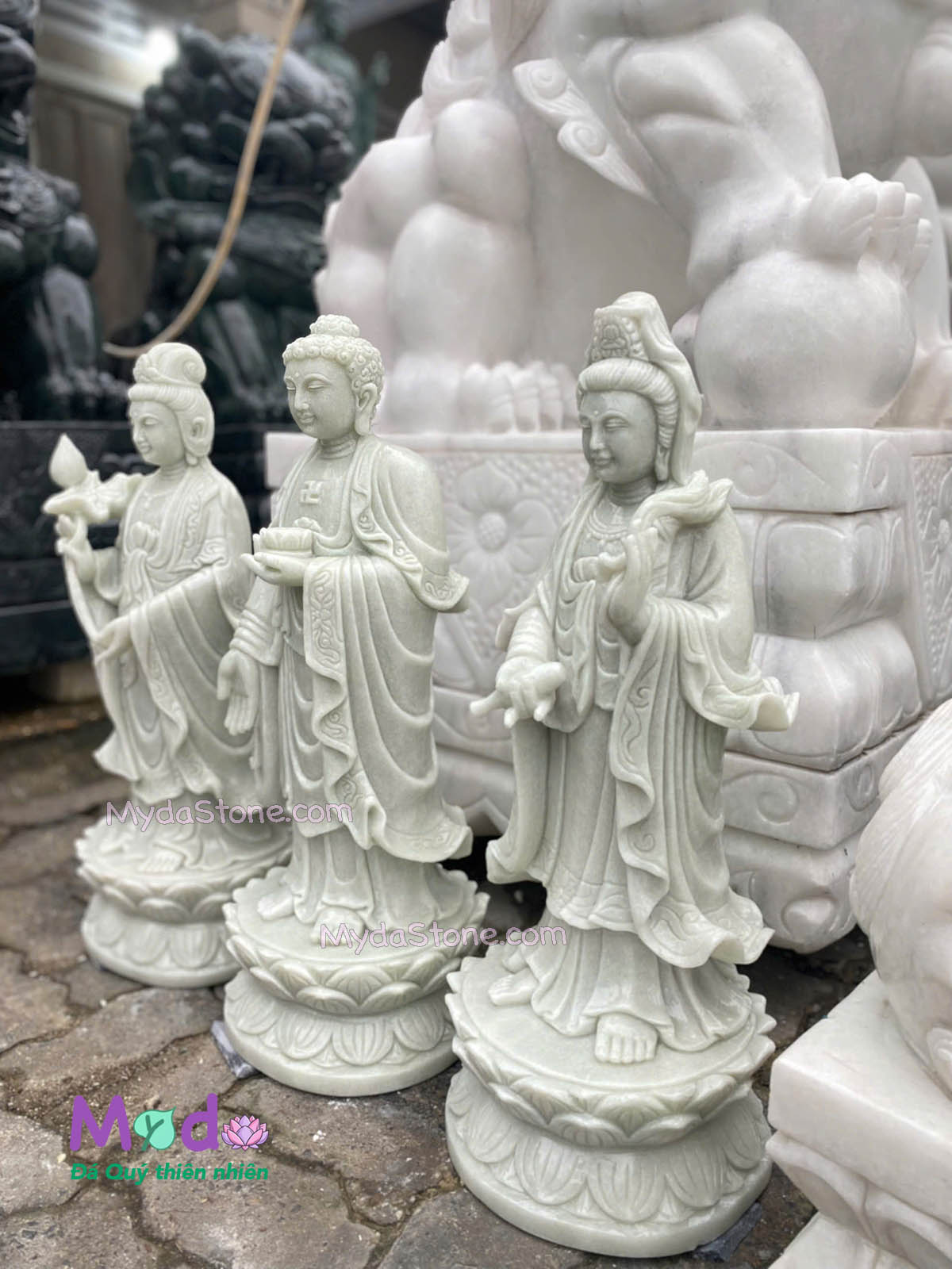 Bộ Tượng Tây Phương Tam Thánh đá Cẩm Thạch Trắng Xanh