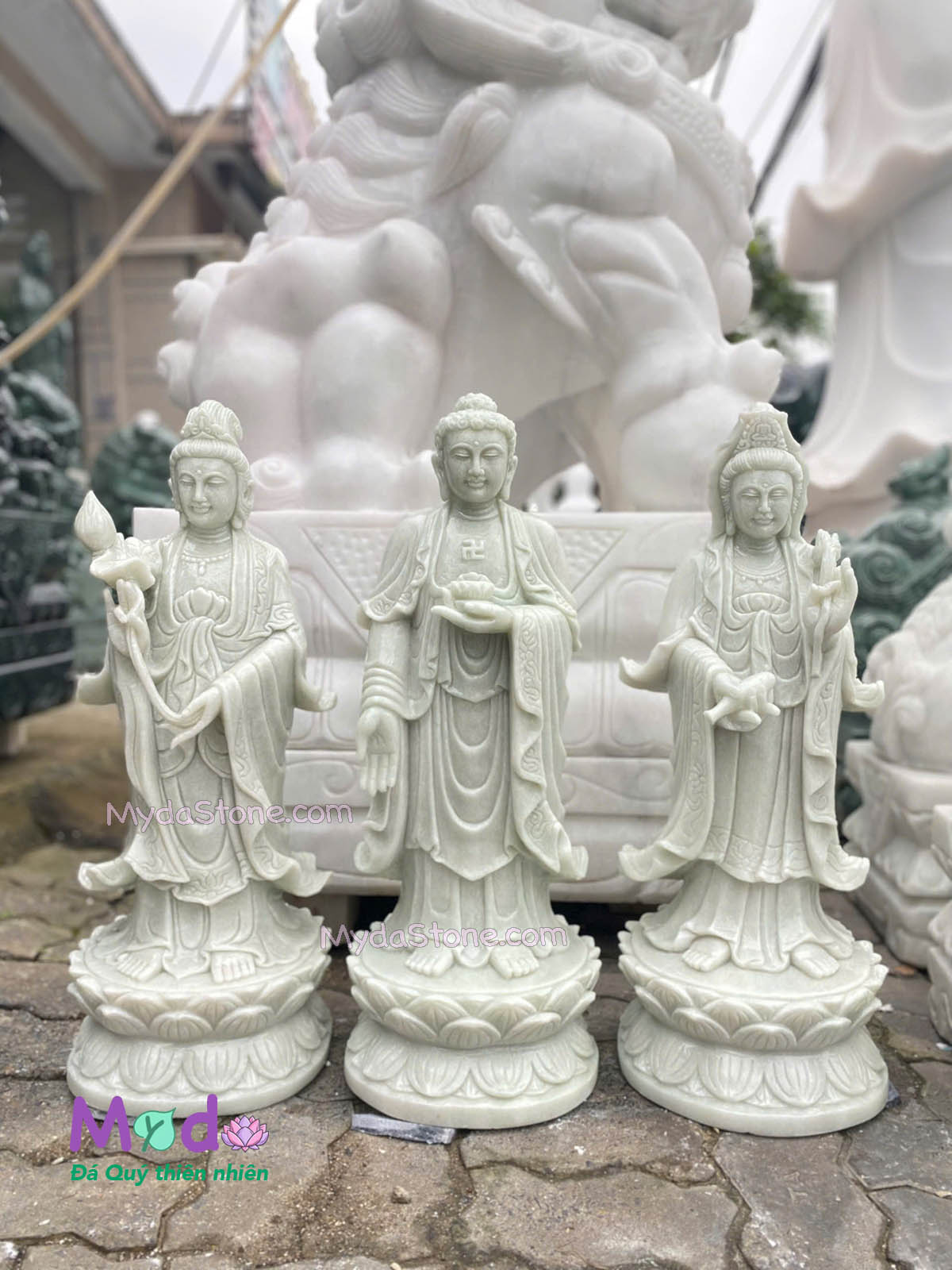 Bộ Tượng Tây Phương Tam Thánh đá Cẩm Thạch Trắng Xanh