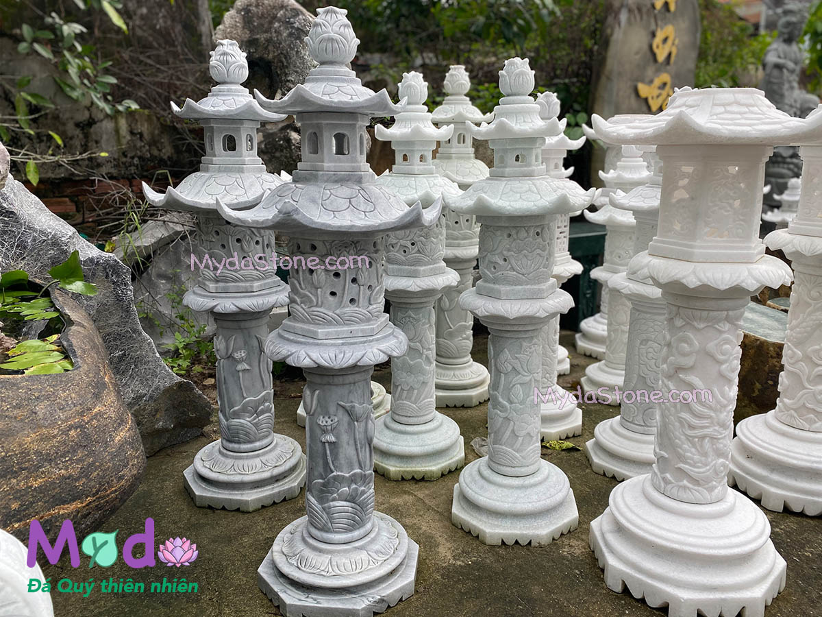 Đèn Đá Chạm Hoa Sen đá Cẩm Thạch Xám