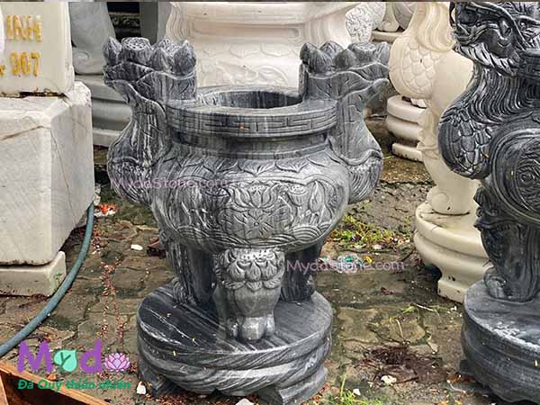 Lư Hương chạm hoa sen đá Cẩm Thạch Đen