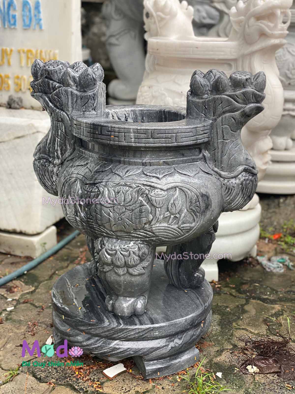 Lư Hương chạm hoa sen đá Cẩm Thạch Đen