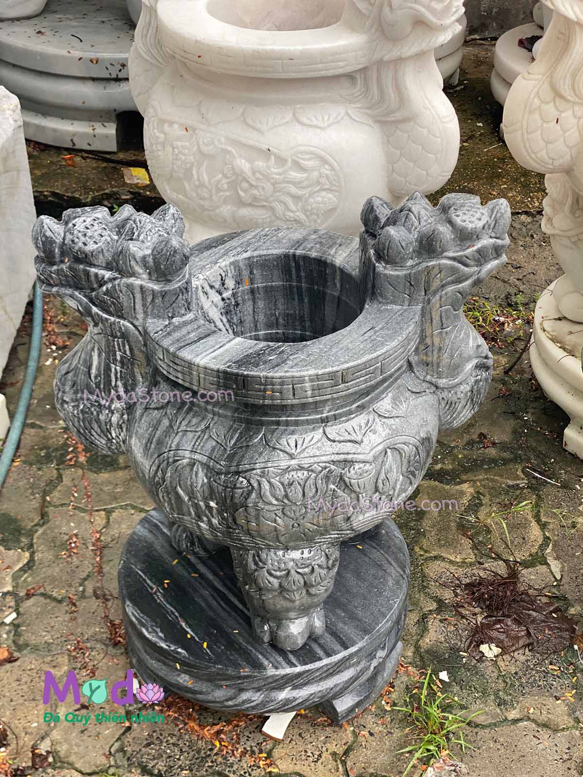 Lư Hương chạm hoa sen đá Cẩm Thạch Đen
