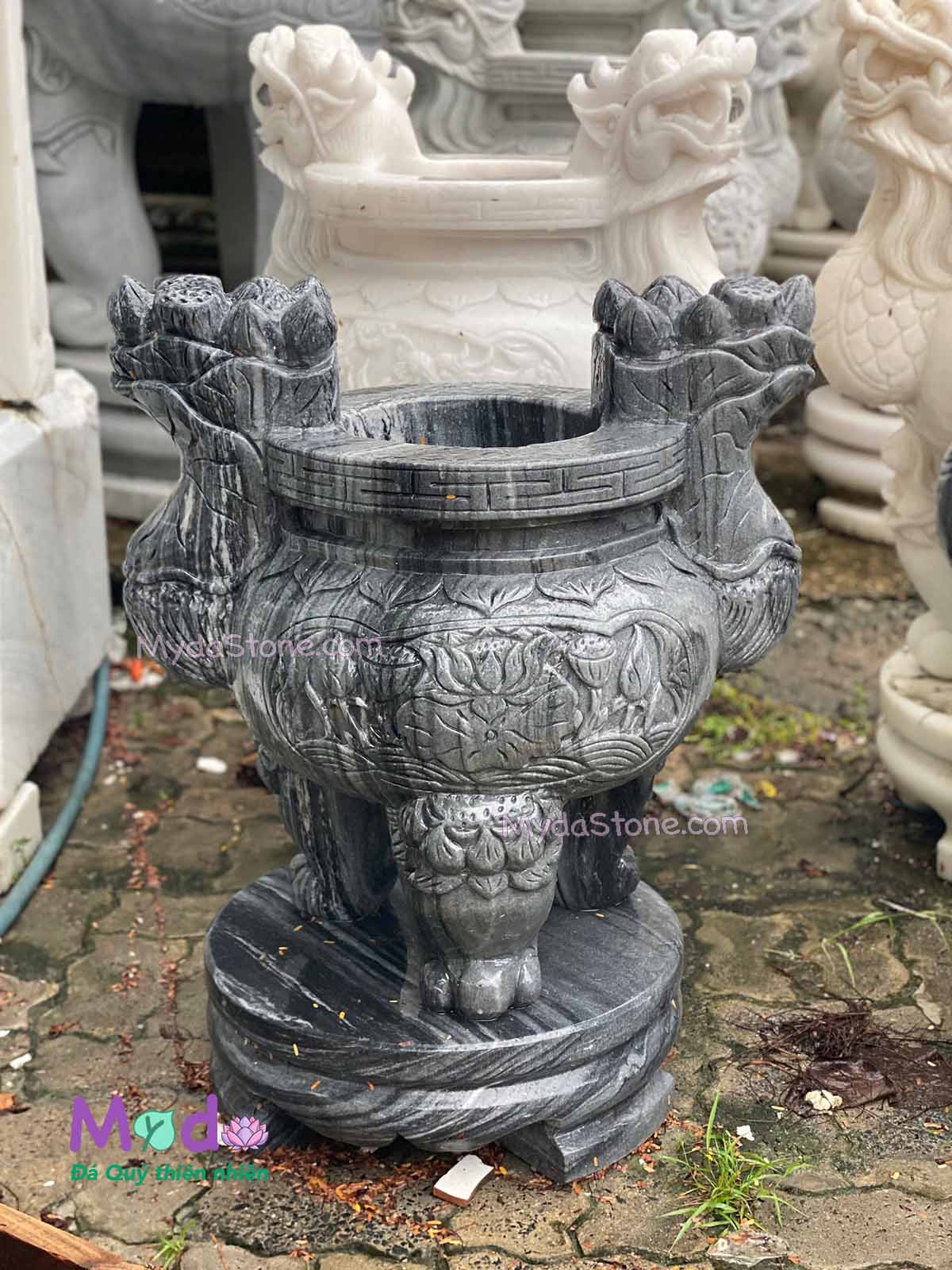 Lư Hương chạm hoa sen đá Cẩm Thạch Đen