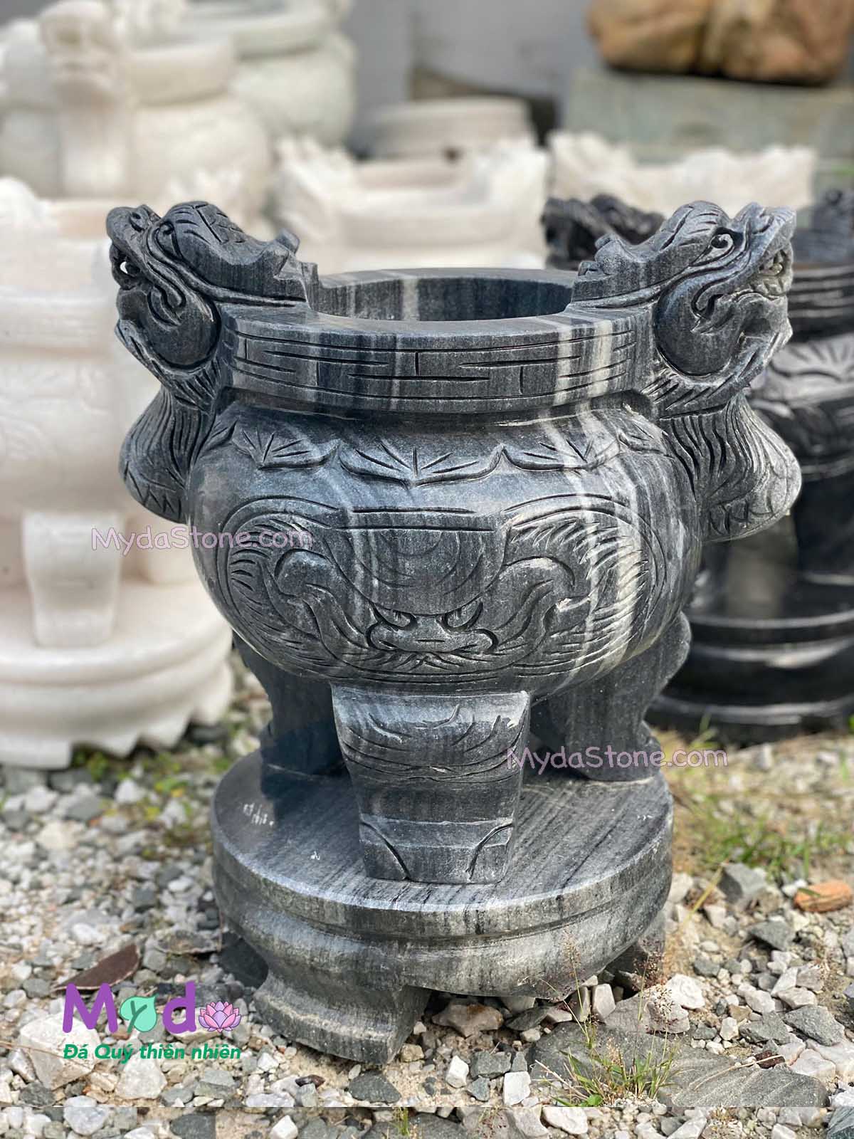 Lư Hương Chạm Rồng đá Cẩm Thạch Đen