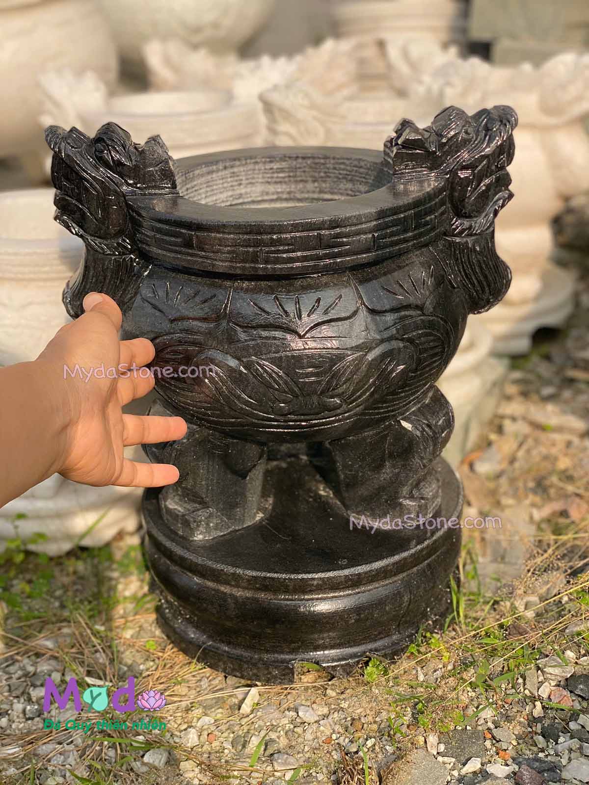 Lư Hương Chạm Rồng đá Cẩm Thạch Đen