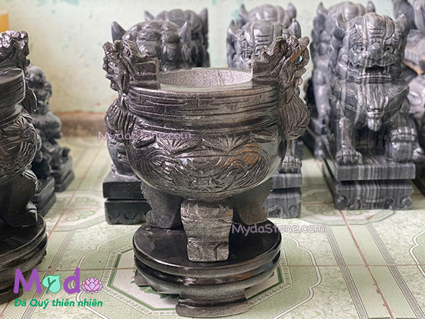 Lư Hương Chạm Rồng đá Cẩm Thạch Đen