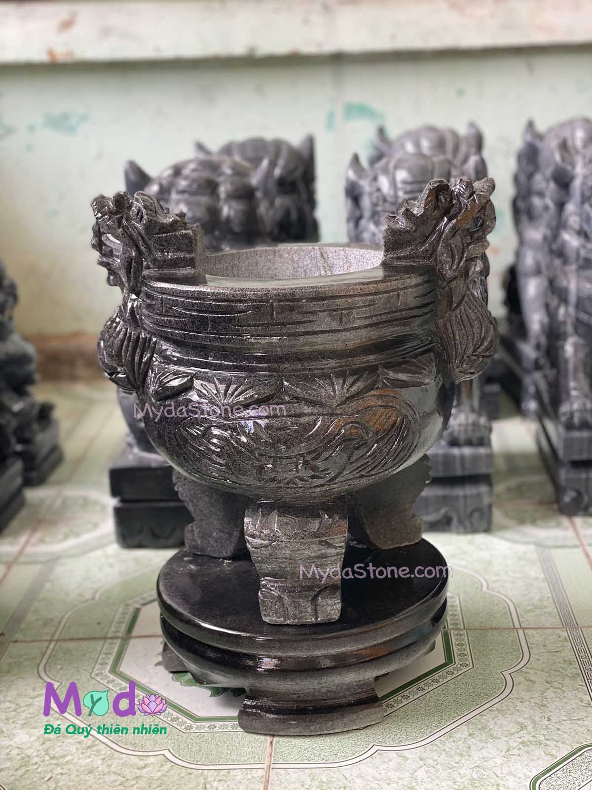 Lư Hương Chạm Rồng đá Cẩm Thạch Đen
