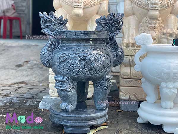 Lư Hương chạm rồng đá Cẩm Thạch Đen