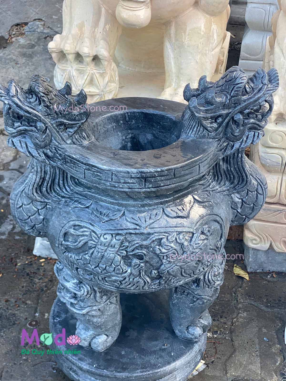 Lư Hương chạm rồng đá Cẩm Thạch Đen