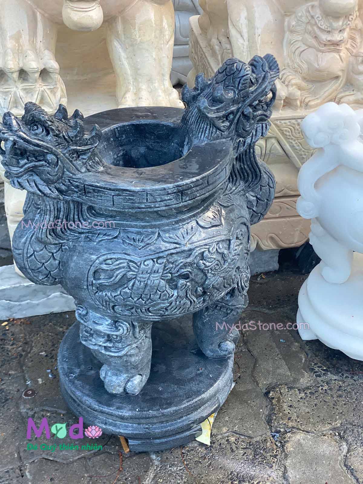 Lư Hương chạm rồng đá Cẩm Thạch Đen