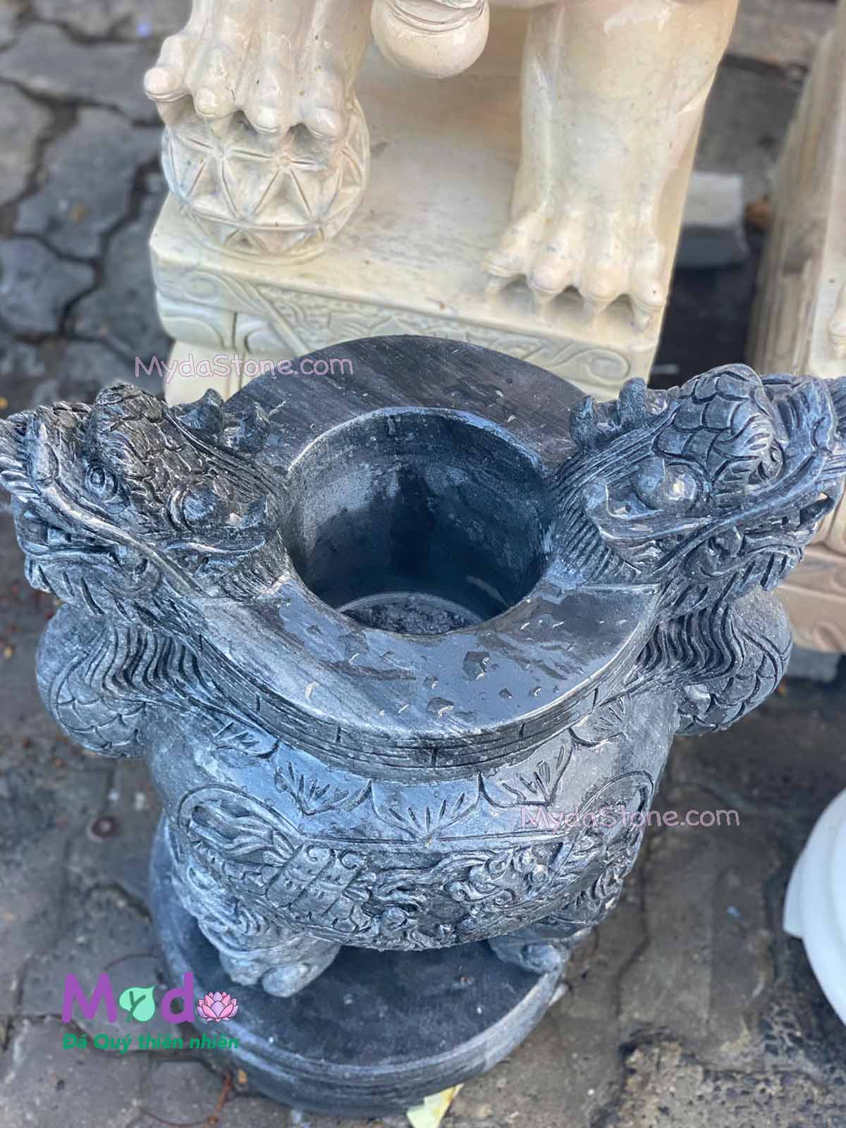 Lư Hương chạm rồng đá Cẩm Thạch Đen
