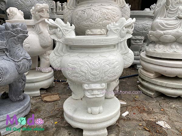 Lư Hương chạm rồng đá Cẩm Thạch Trắng