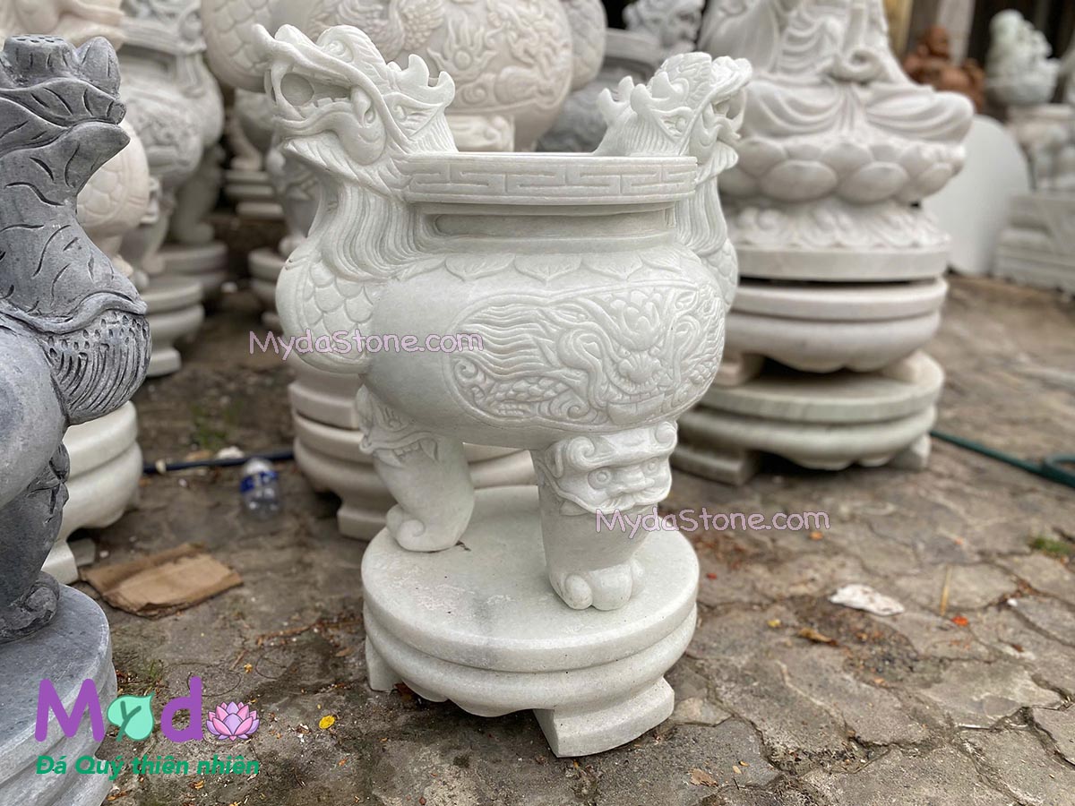 Lư Hương chạm rồng đá Cẩm Thạch Trắng