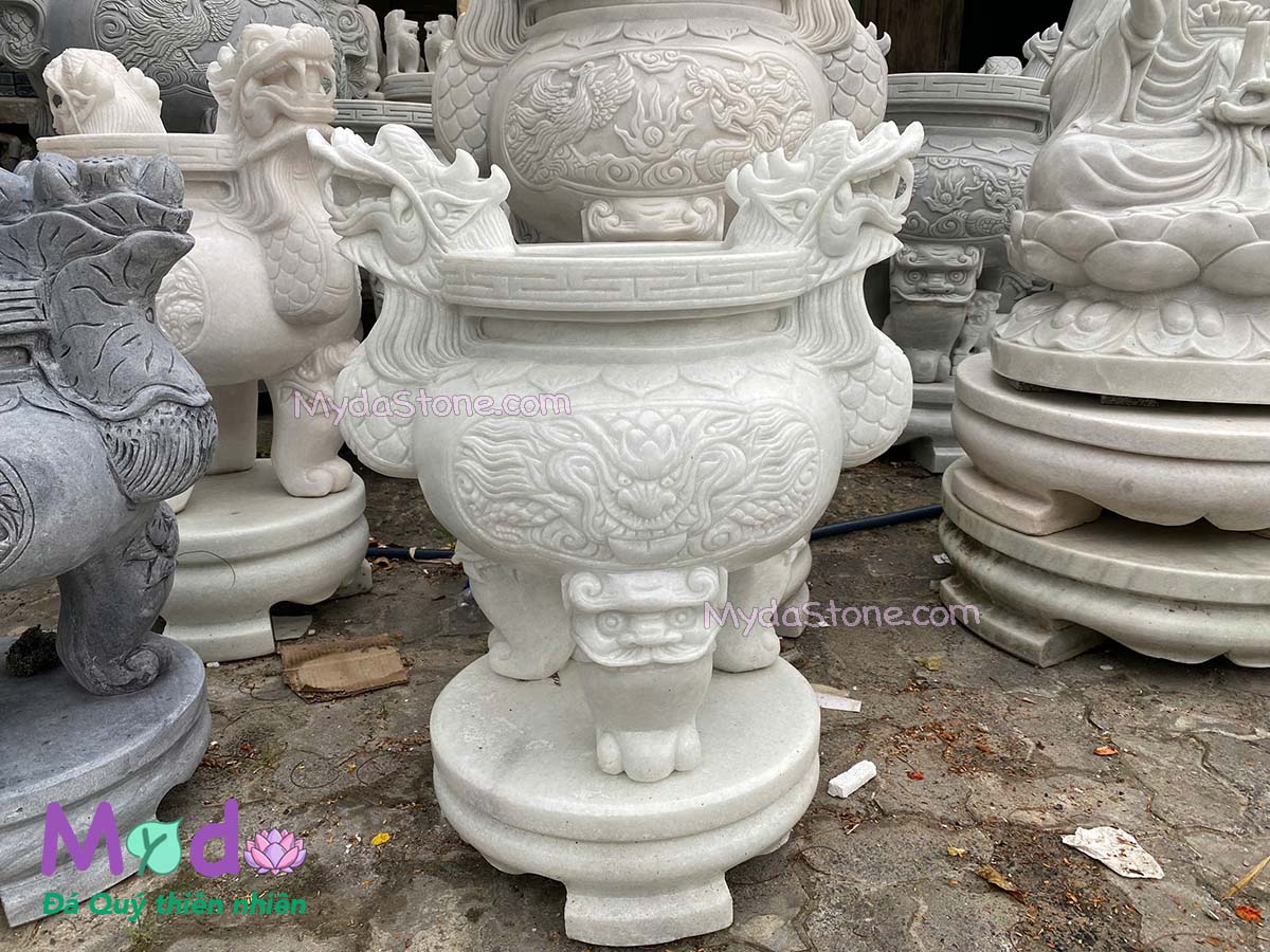 Lư Hương chạm rồng đá Cẩm Thạch Trắng