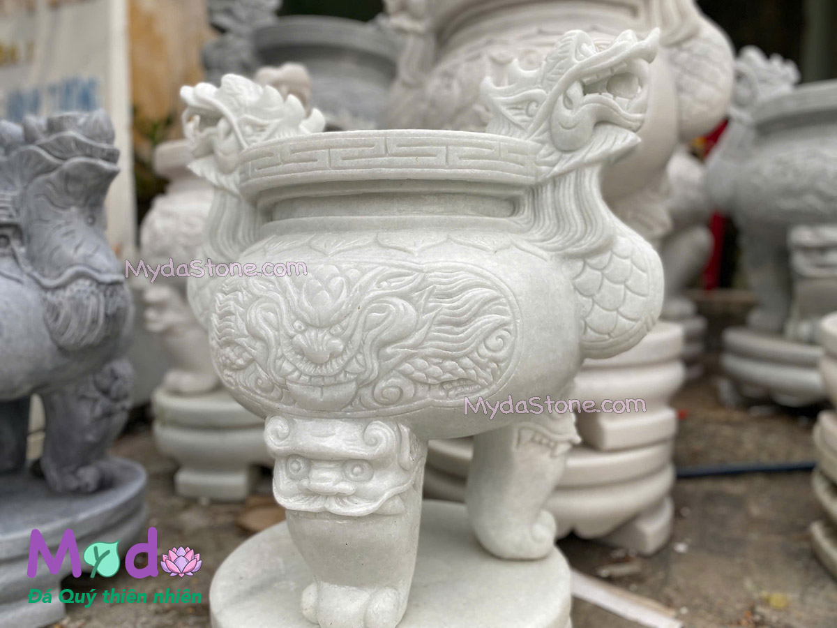 Lư Hương chạm rồng đá Cẩm Thạch Trắng