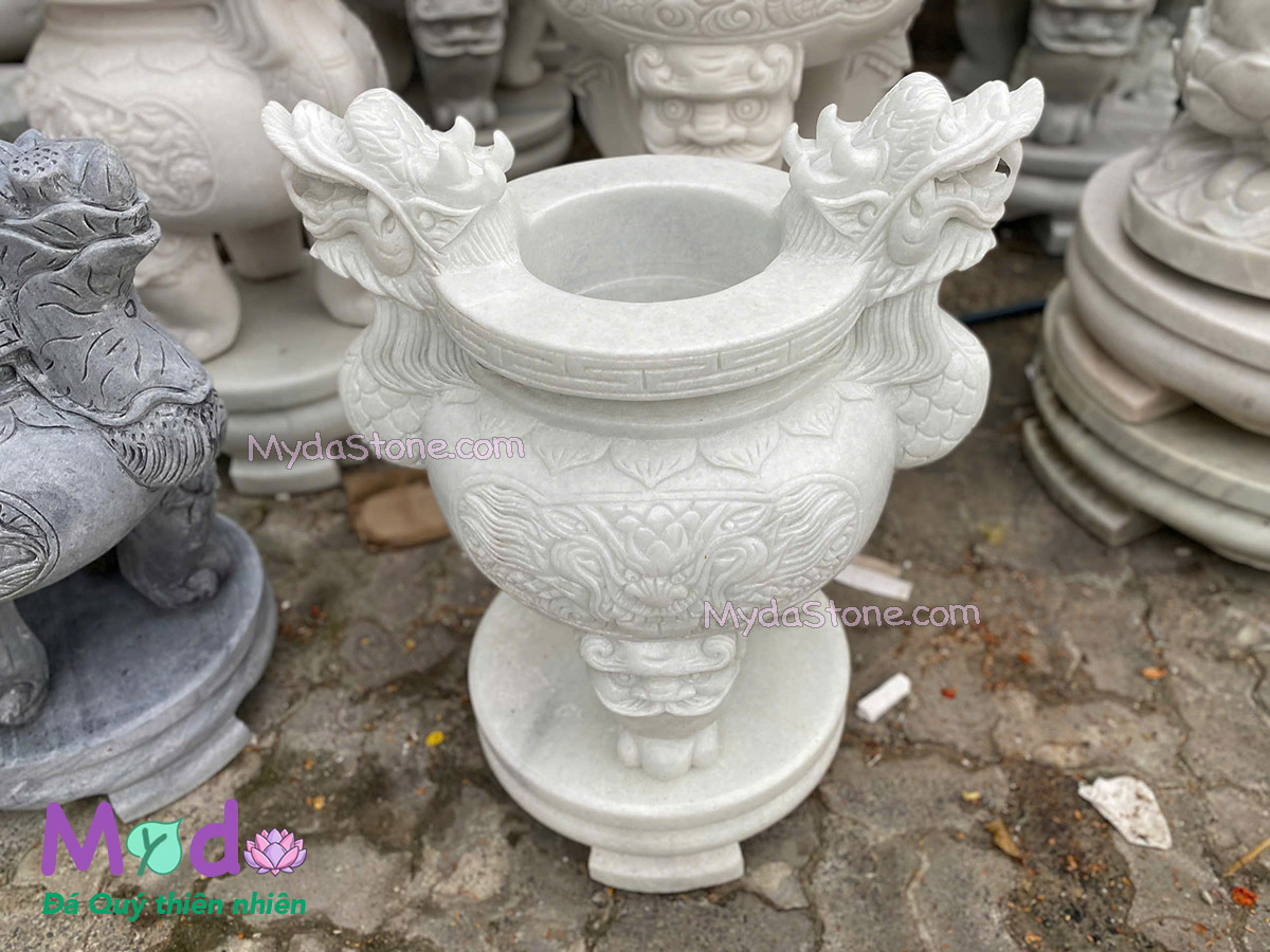 Lư Hương chạm rồng đá Cẩm Thạch Trắng