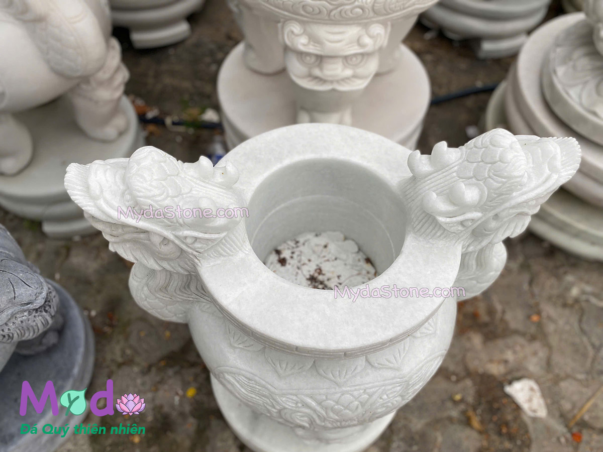 Lư Hương chạm rồng đá Cẩm Thạch Trắng