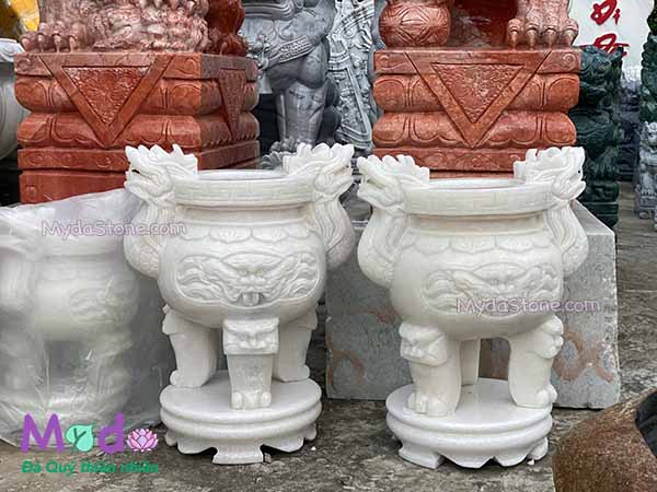 Lư Hương chạm rồng đá Cẩm Thạch Trắng