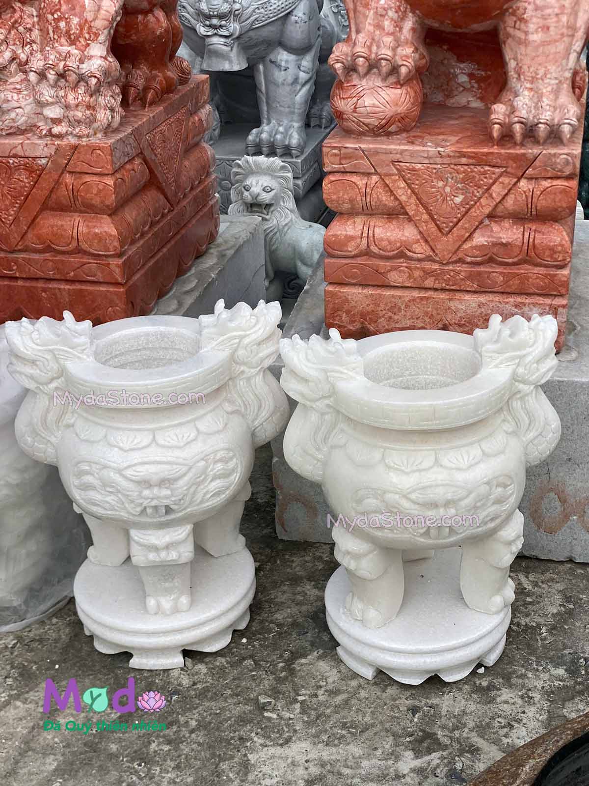 Lư Hương chạm rồng đá Cẩm Thạch Trắng