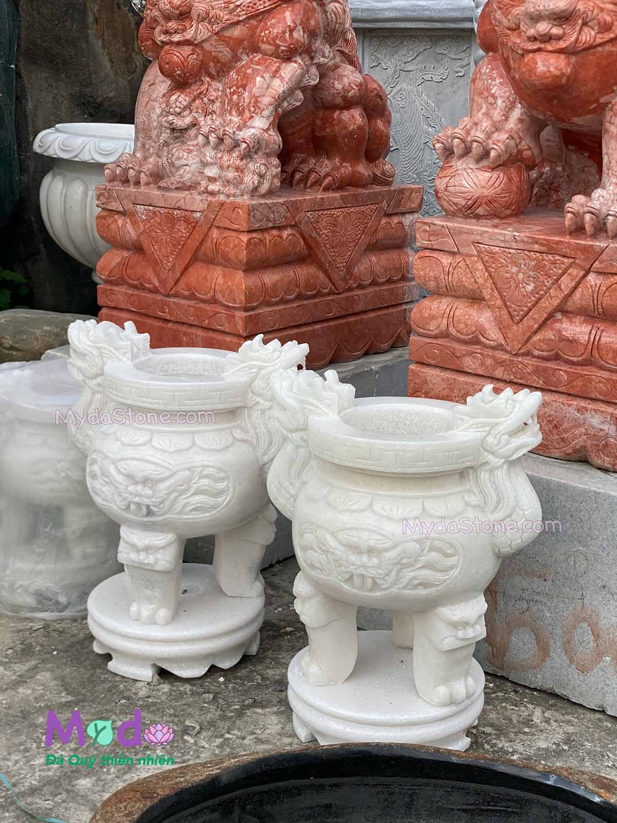 Lư Hương chạm rồng đá Cẩm Thạch Trắng