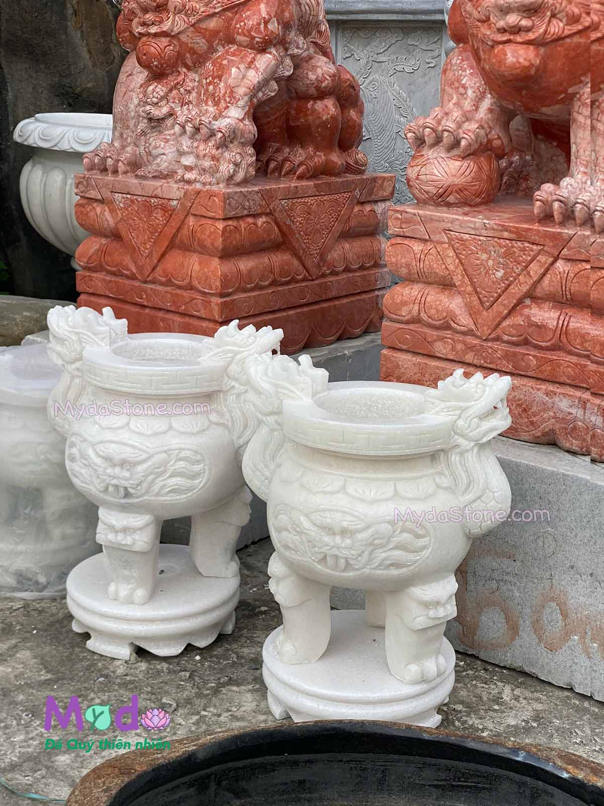 Lư Hương chạm rồng đá Cẩm Thạch Trắng