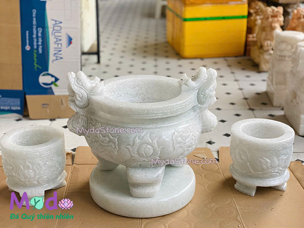 Lư Hương chạm rồng đá Cẩm Thạch Trắng