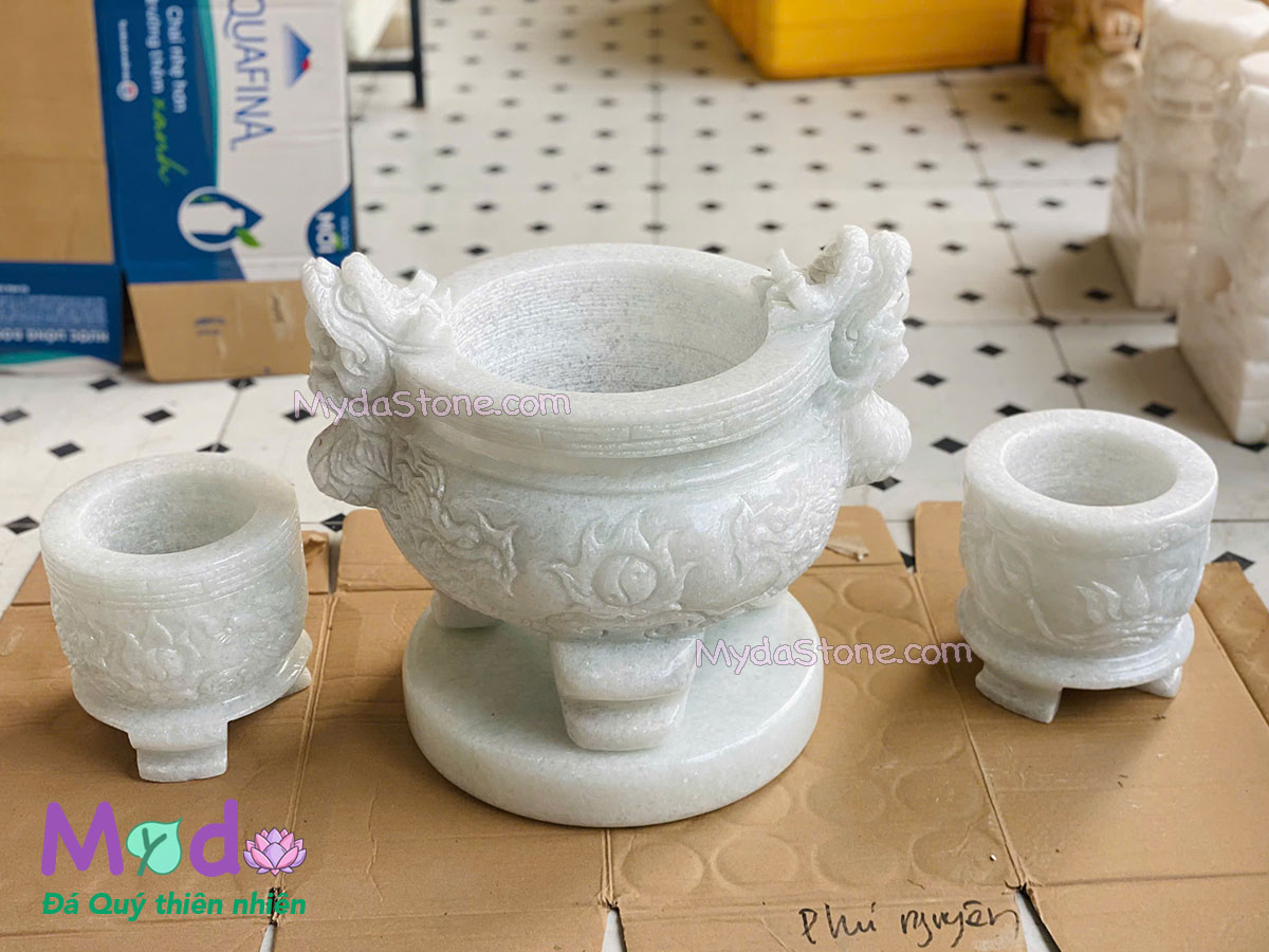 Lư Hương chạm rồng đá Cẩm Thạch Trắng
