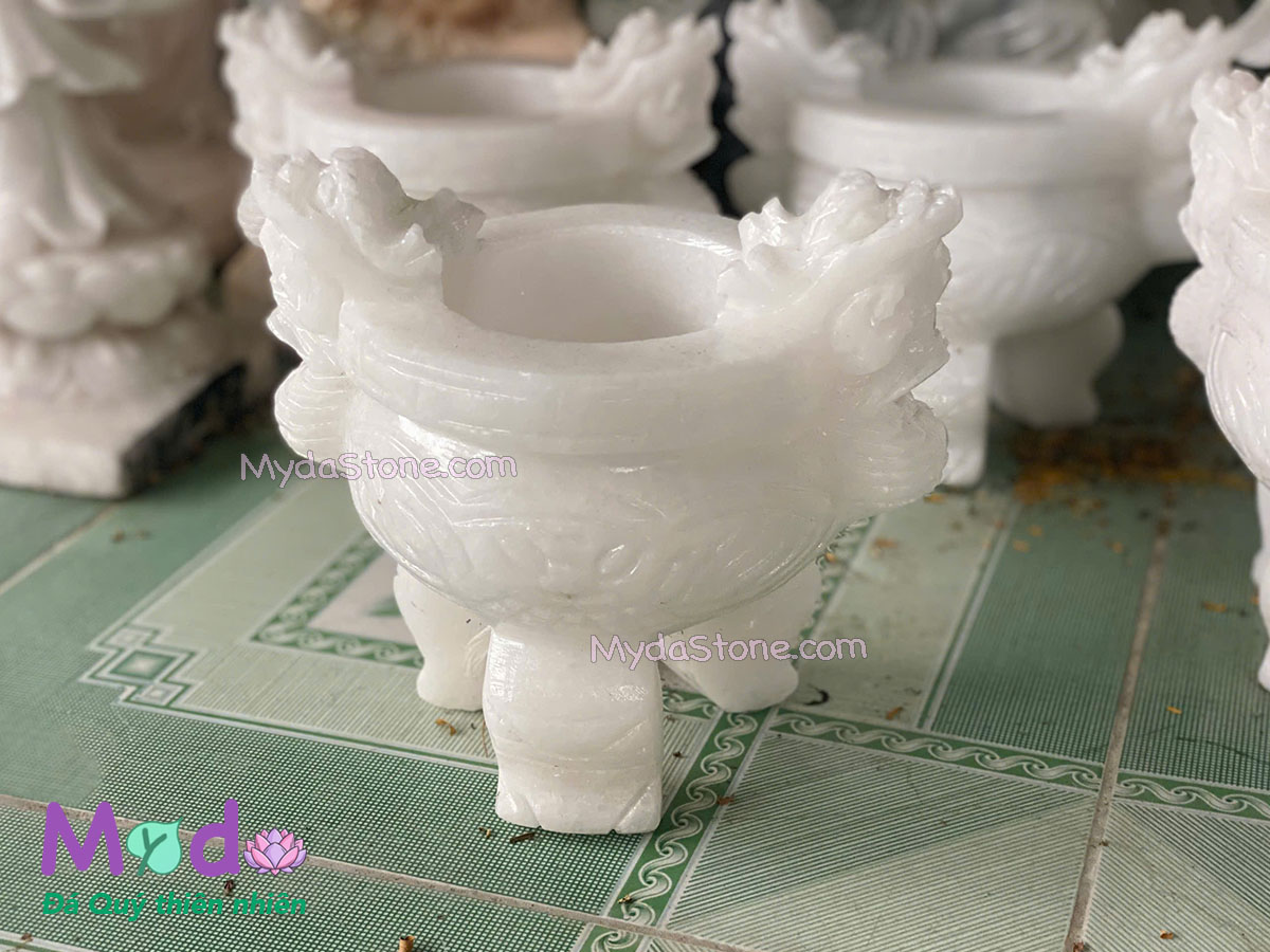 Lư Hương chạm rồng đá Cẩm Thạch Trắng