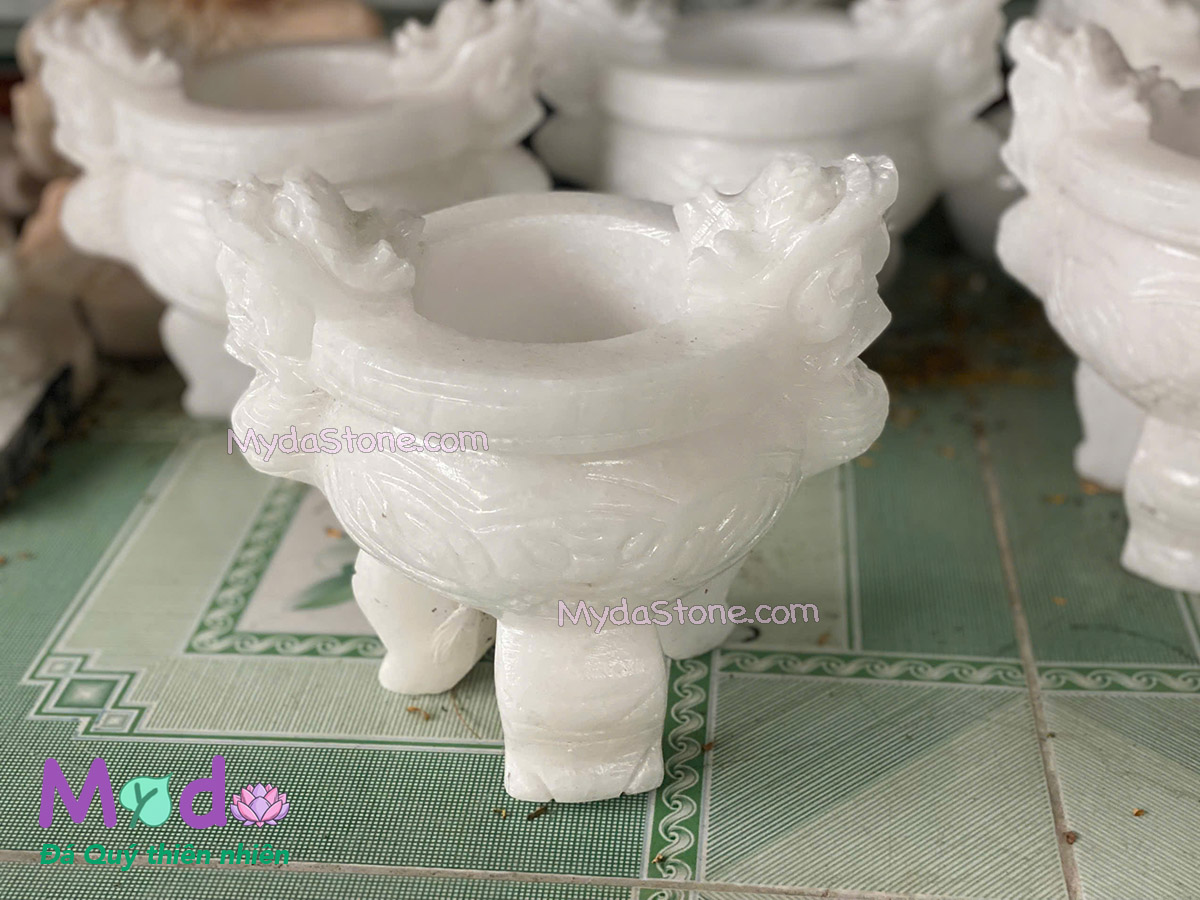 Lư Hương chạm rồng đá Cẩm Thạch Trắng