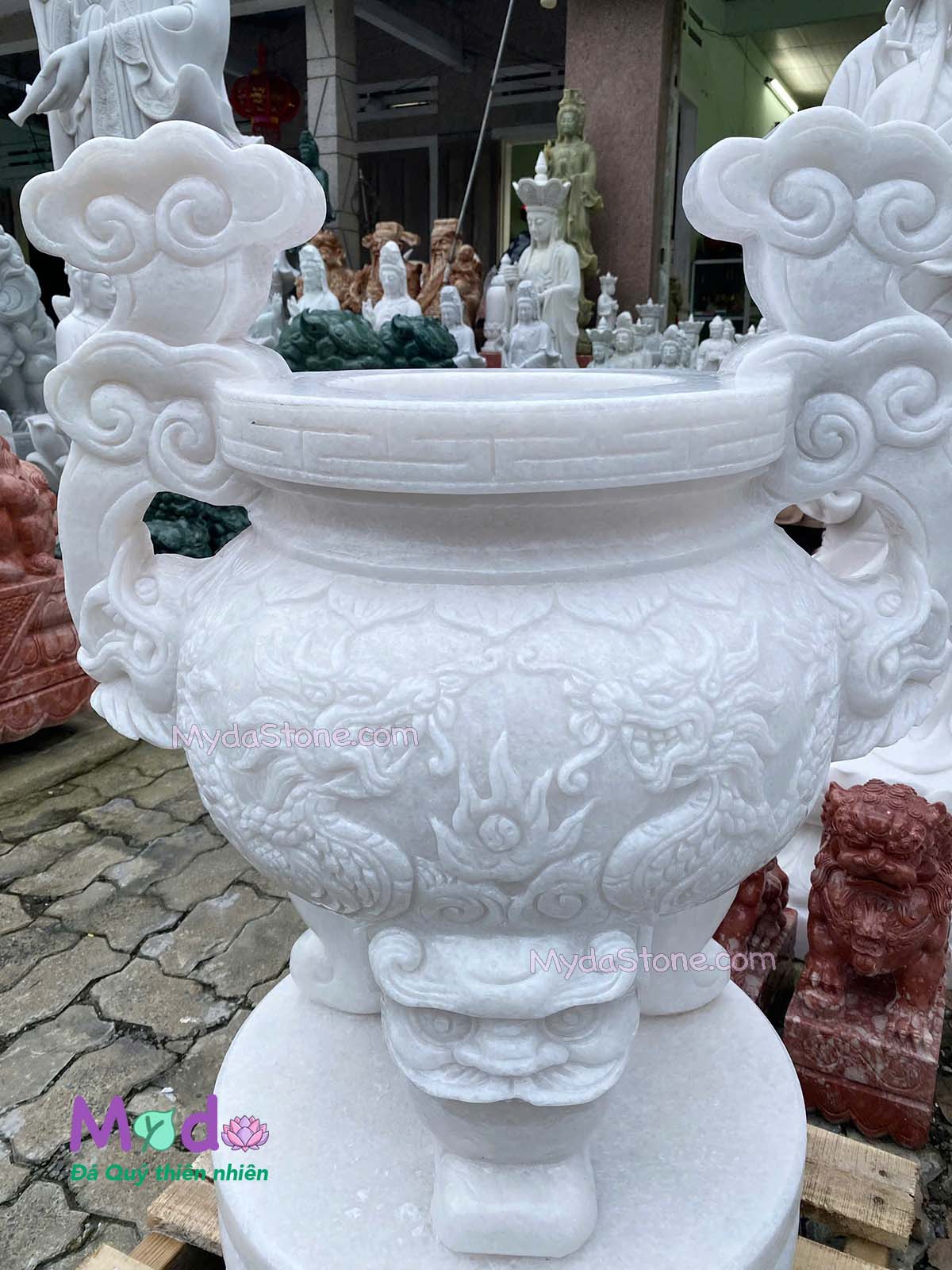 Lư Hương chạm rồng đá Cẩm Thạch Trắng