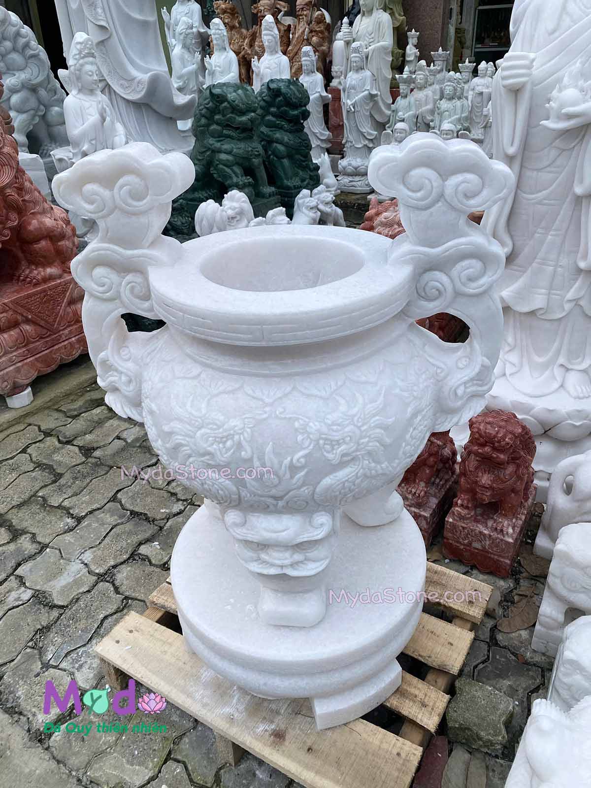 Lư Hương chạm rồng đá Cẩm Thạch Trắng