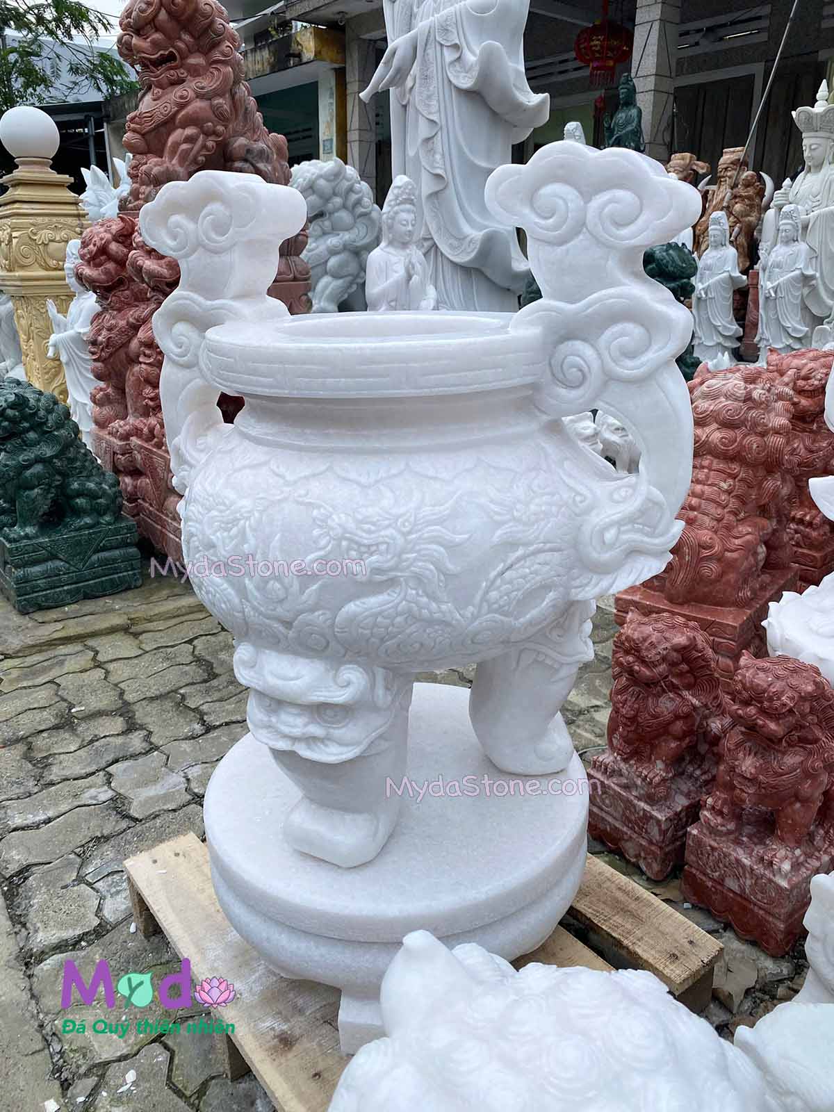 Lư Hương chạm rồng đá Cẩm Thạch Trắng