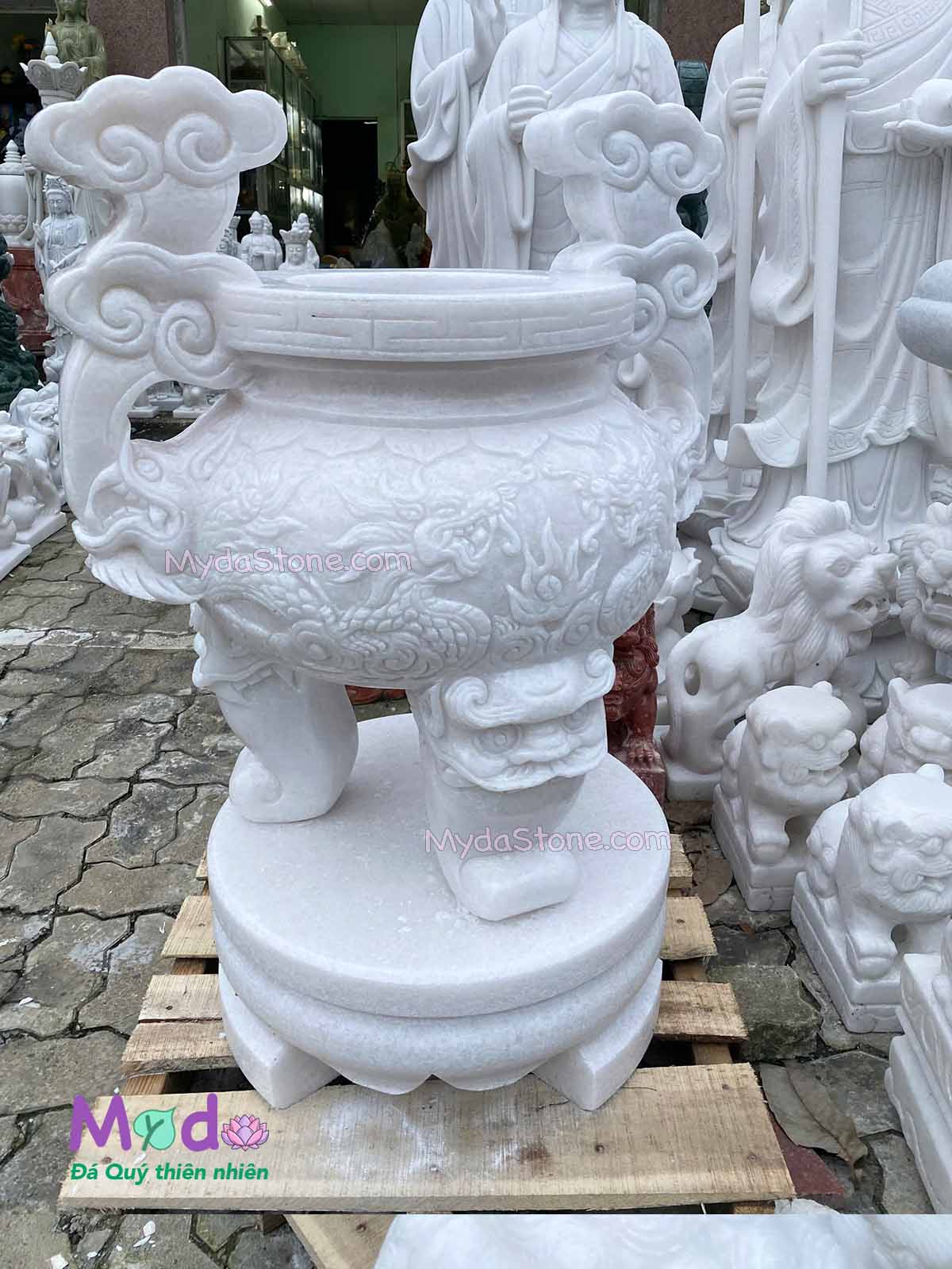Lư Hương chạm rồng đá Cẩm Thạch Trắng