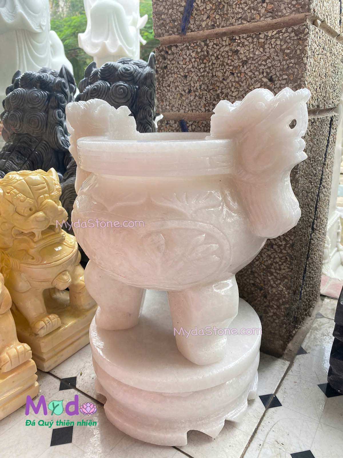 Lư Hương chạm rồng đá Cẩm Thạch Trắng